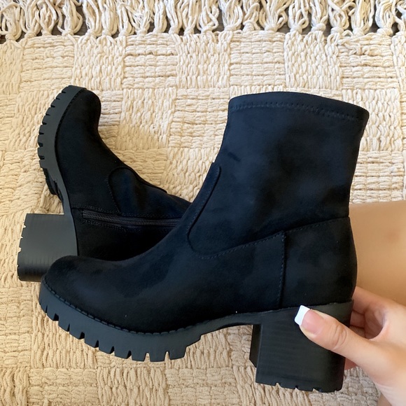Shoes - Black Faux Suede High Top Stack Block Heel Ankle Boot